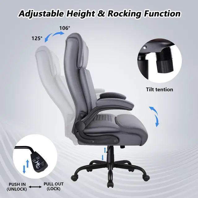 Alt view image 5 of 7 - Office Chair, 400LBS Heavy Duty Big and Tall Executive Office Desk Chair with Flip-up Arms, Ergonomic High Back Office Chairs with Lumbar Support, PU Leather, Grey