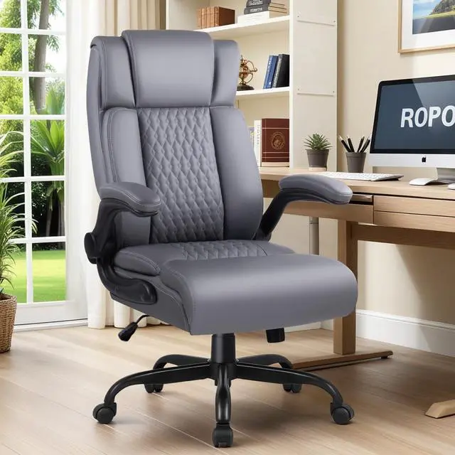 Alt view image 7 of 7 - Office Chair, 400LBS Heavy Duty Big and Tall Executive Office Desk Chair with Flip-up Arms, Ergonomic High Back Office Chairs with Lumbar Support, PU Leather, Grey