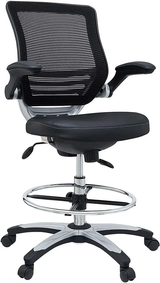 Main image of MO-EEI-211-BLK Edge Vinyl Seat and Mesh Back with Flip-Up Arm - Reception Desk Chair, Drafting, Black, Drafting Chair