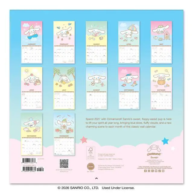Alt view image 5 of 7 - 2027 Cinnamoroll Wall Calendar, 12 x 12 Cute Sanrio Calendar with Pastel Character Artwork for Bedroom Decor, Classroom, Office & Gift Giving 12 Months