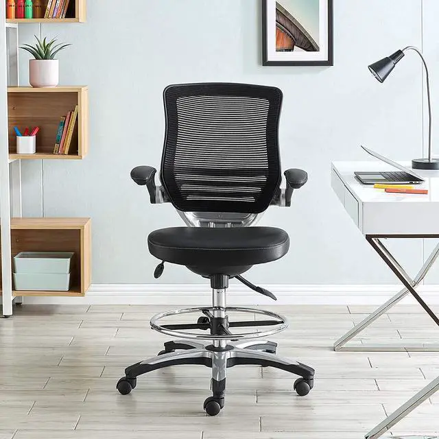 Alt view image 2 of 7 - MO-EEI-211-BLK Edge Vinyl Seat and Mesh Back with Flip-Up Arm - Reception Desk Chair, Drafting, Black, Drafting Chair