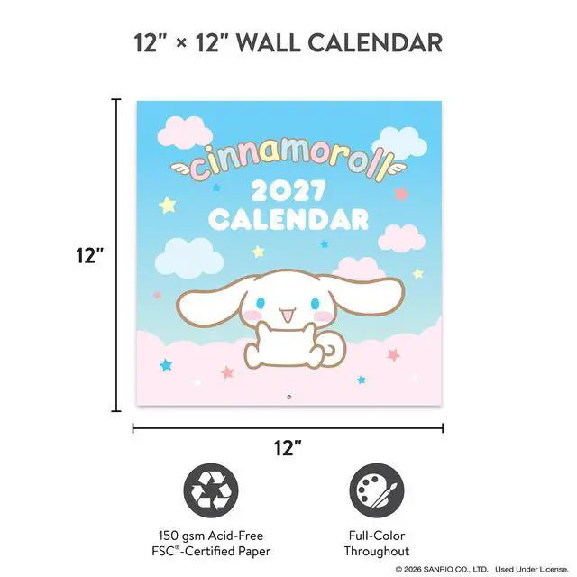 Alt view image 6 of 7 - 2027 Cinnamoroll Wall Calendar, 12 x 12 Cute Sanrio Calendar with Pastel Character Artwork for Bedroom Decor, Classroom, Office & Gift Giving 12 Months