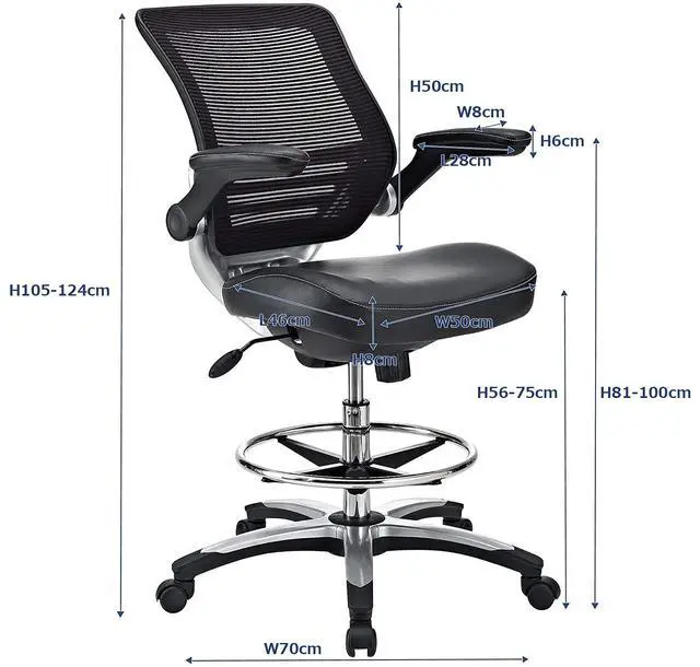 Alt view image 3 of 7 - MO-EEI-211-BLK Edge Vinyl Seat and Mesh Back with Flip-Up Arm - Reception Desk Chair, Drafting, Black, Drafting Chair