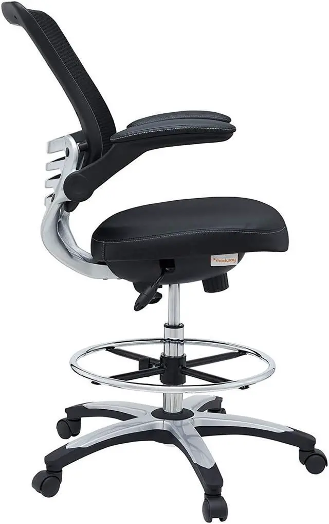 Alt view image 5 of 7 - MO-EEI-211-BLK Edge Vinyl Seat and Mesh Back with Flip-Up Arm - Reception Desk Chair, Drafting, Black, Drafting Chair