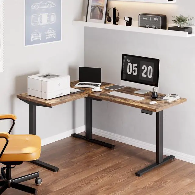 Alt view image 2 of 7 - 63 x 48 Inch L-Shaped Electric Standing Desk Motorized Corner Desk | Reversible L-Shape Desk, 28.3"-45.9" Height, 4 Presets, 3-Leg Frame Holds 220 Lbs, Spacious Top, 2-Box Ship, Rustic Brown
