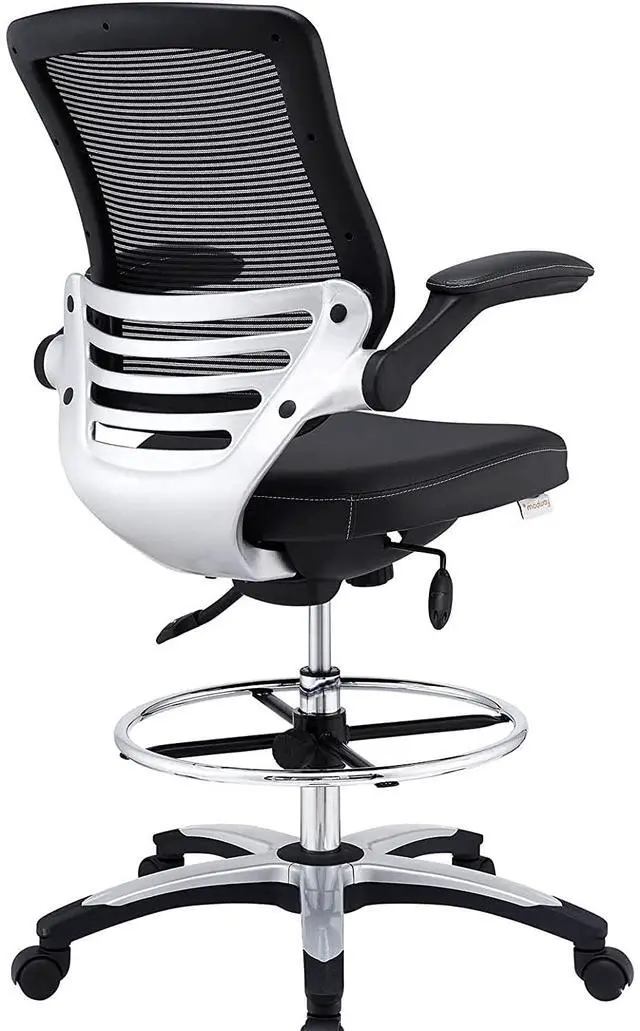 Alt view image 6 of 7 - MO-EEI-211-BLK Edge Vinyl Seat and Mesh Back with Flip-Up Arm - Reception Desk Chair, Drafting, Black, Drafting Chair