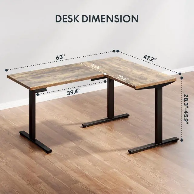 Alt view image 3 of 7 - 63 x 48 Inch L-Shaped Electric Standing Desk Motorized Corner Desk | Reversible L-Shape Desk, 28.3"-45.9" Height, 4 Presets, 3-Leg Frame Holds 220 Lbs, Spacious Top, 2-Box Ship, Rustic Brown