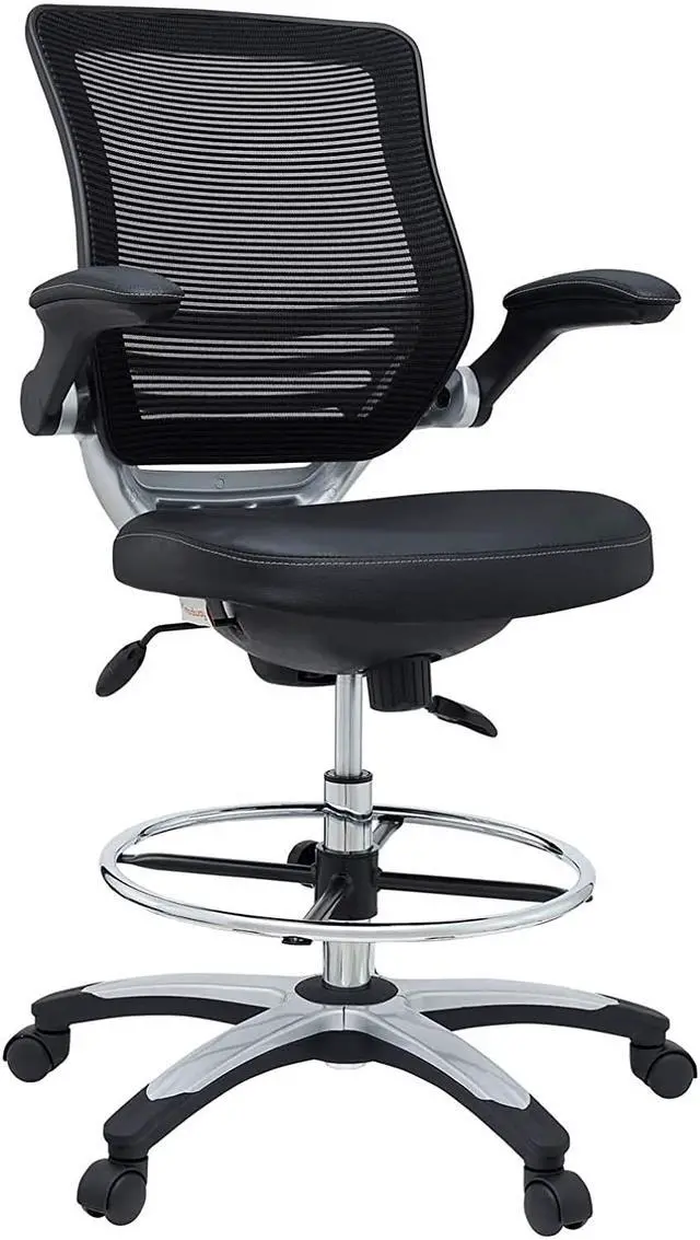 Alt view image 4 of 7 - MO-EEI-211-BLK Edge Vinyl Seat and Mesh Back with Flip-Up Arm - Reception Desk Chair, Drafting, Black, Drafting Chair