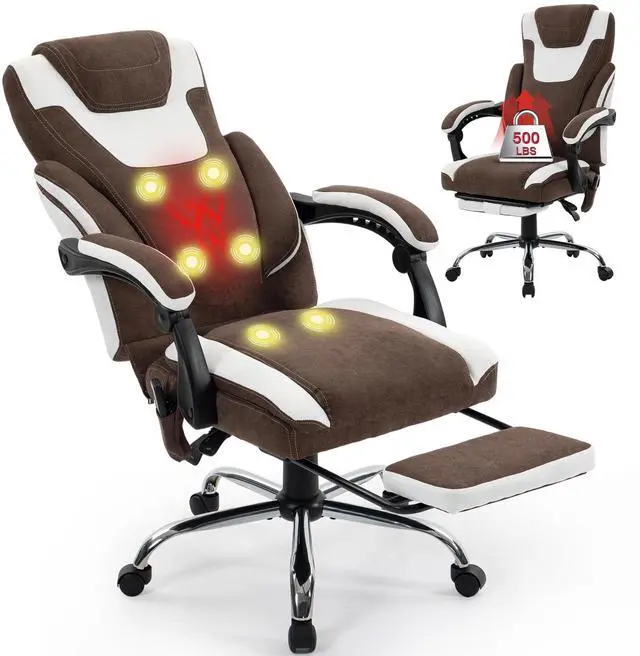 Main image of Massage Office Chair with Footrest,6-Point Vibration & Heat Executive Office Chairs,500LBS Big and Tall Fabric Office Chair,Ergonomic Desk Chair for Heavy People,Brownwhite