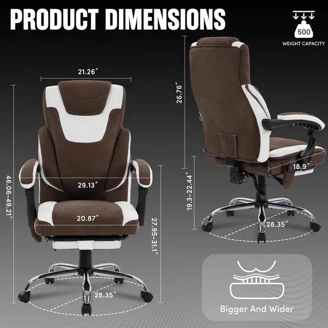 Alt view image 3 of 7 - Massage Office Chair with Footrest,6-Point Vibration & Heat Executive Office Chairs,500LBS Big and Tall Fabric Office Chair,Ergonomic Desk Chair for Heavy People,Brownwhite