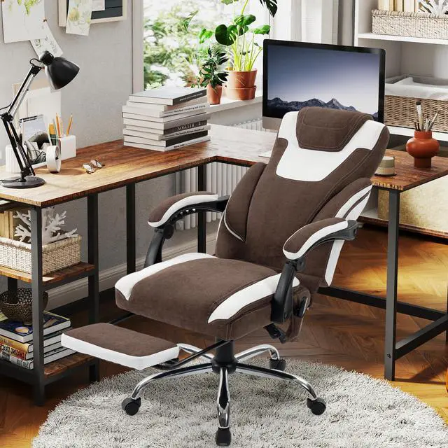 Alt view image 2 of 7 - Massage Office Chair with Footrest,6-Point Vibration & Heat Executive Office Chairs,500LBS Big and Tall Fabric Office Chair,Ergonomic Desk Chair for Heavy People,Brownwhite