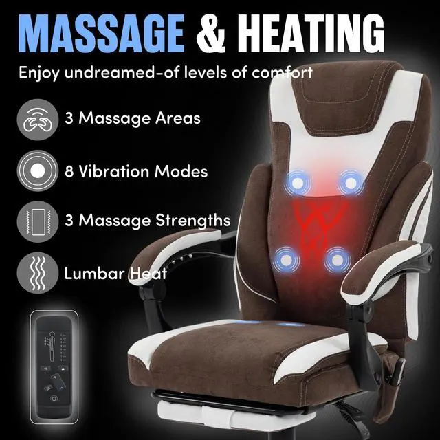 Alt view image 4 of 7 - Massage Office Chair with Footrest,6-Point Vibration & Heat Executive Office Chairs,500LBS Big and Tall Fabric Office Chair,Ergonomic Desk Chair for Heavy People,Brownwhite