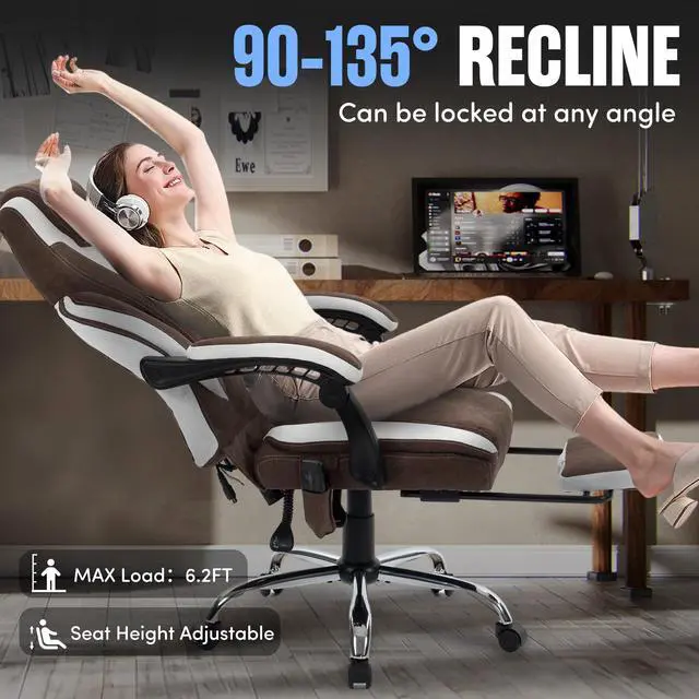 Alt view image 6 of 7 - Massage Office Chair with Footrest,6-Point Vibration & Heat Executive Office Chairs,500LBS Big and Tall Fabric Office Chair,Ergonomic Desk Chair for Heavy People,Brownwhite
