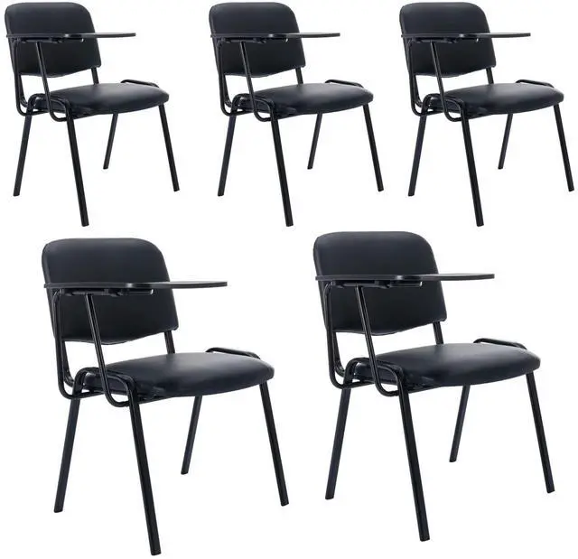 Main image of Black Tablet Arm Chairs Set of 5, PU Comfort Office Waiting Room Guest Nesting Stacking Reception Chairs with Flip-Up Table Conference Chairs for School Classroom Training Meeting Room