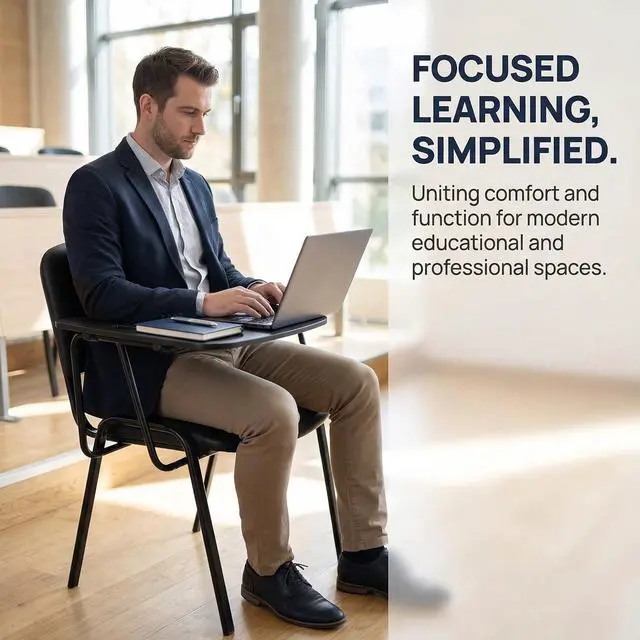 Alt view image 4 of 6 - Black Tablet Arm Chairs Set of 5, PU Comfort Office Waiting Room Guest Nesting Stacking Reception Chairs with Flip-Up Table Conference Chairs for School Classroom Training Meeting Room