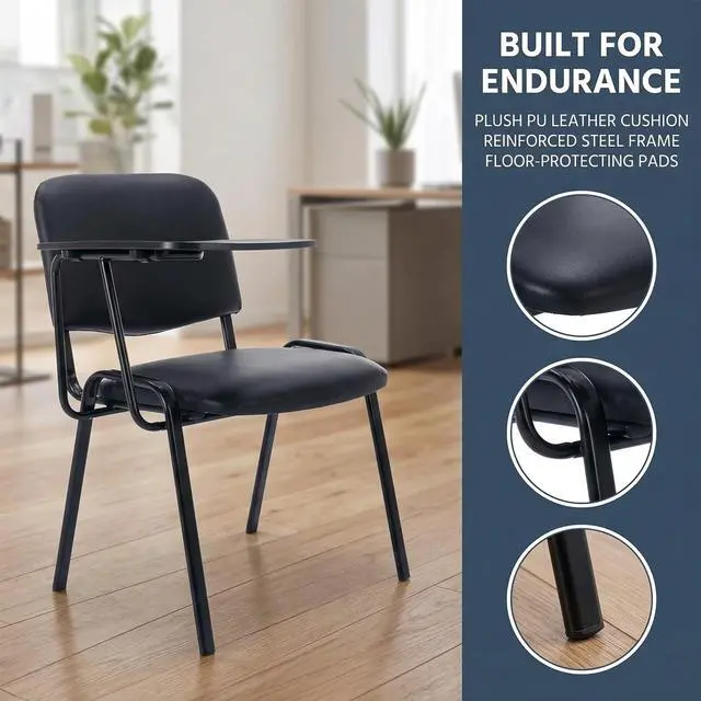 Alt view image 6 of 6 - Black Tablet Arm Chairs Set of 5, PU Comfort Office Waiting Room Guest Nesting Stacking Reception Chairs with Flip-Up Table Conference Chairs for School Classroom Training Meeting Room