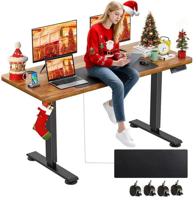 Main image of Electric Standing Desk Adjustable Height, 55 x 24 Inch Sit Stand up Desk with Large Mouse Pad, 2 Metal Hook,4 Wheels,4 Memory Preset Heights Home Office Computer DeskBrown