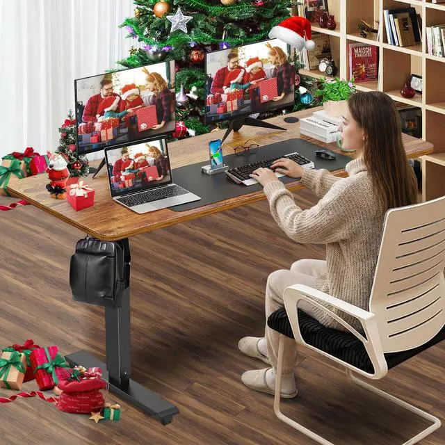 Alt view image 2 of 7 - Electric Standing Desk Adjustable Height, 55 x 24 Inch Sit Stand up Desk with Large Mouse Pad, 2 Metal Hook,4 Wheels,4 Memory Preset Heights Home Office Computer DeskBrown