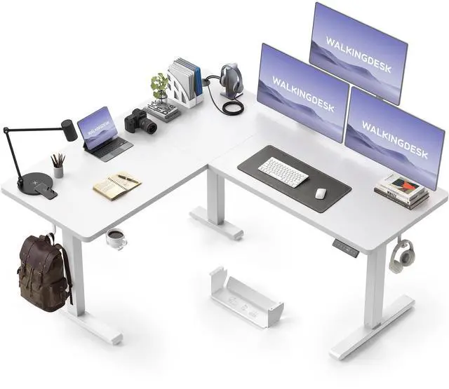 Main image of 63x55 Inches Reversible L Shaped Standing Desk, Height Adjustable With Cup Holder, Electric Corner Computer Workstation, Sit Stand up Home Office, Standing Desk with Cable Management White