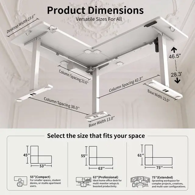 Alt view image 2 of 6 - 63x55 Inches Reversible L Shaped Standing Desk, Height Adjustable With Cup Holder, Electric Corner Computer Workstation, Sit Stand up Home Office, Standing Desk with Cable Management White