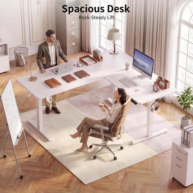 Alt view image 3 of 6 - 63x55 Inches Reversible L Shaped Standing Desk, Height Adjustable With Cup Holder, Electric Corner Computer Workstation, Sit Stand up Home Office, Standing Desk with Cable Management White