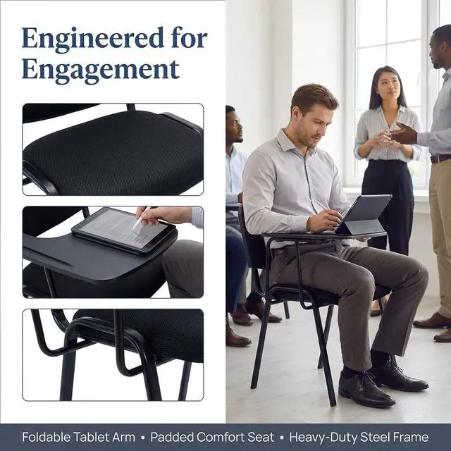 Alt view image 4 of 7 - Black Tablet Arm Chairs Set of 5, Mesh Office Waiting Room Guest Nesting Stacking Chairs, Reception Chairs with Flip-Up Table Conference Chair for School Classroom Training Meeting Room