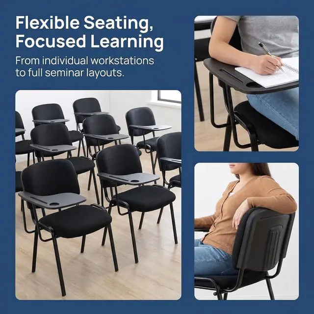 Alt view image 5 of 7 - Black Tablet Arm Chairs Set of 5, Mesh Office Waiting Room Guest Nesting Stacking Chairs, Reception Chairs with Flip-Up Table Conference Chair for School Classroom Training Meeting Room