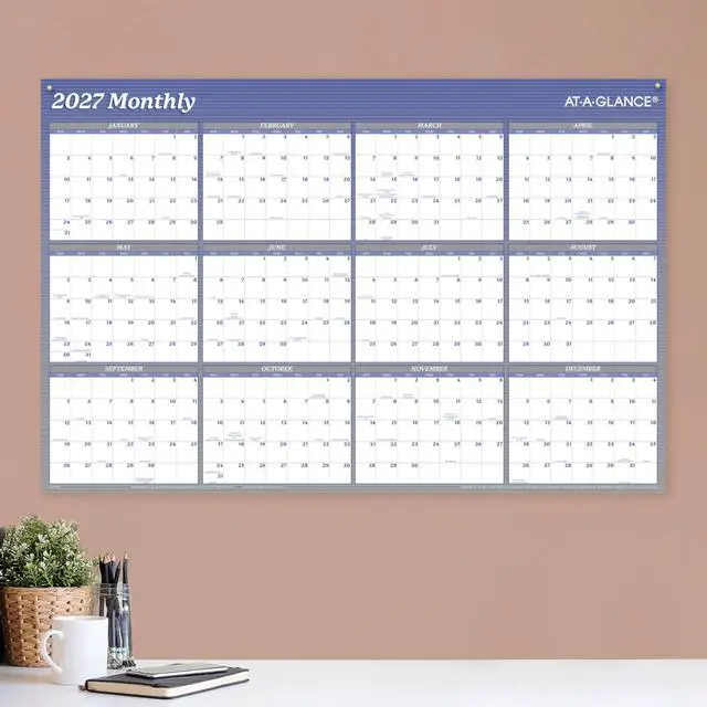 Alt view image 3 of 5 - 2027 Erasable Calendar, Dry Erase Wall Planner, 36" x 24", Vertical-Horizontal, Reversible, Blue (A1102-27)