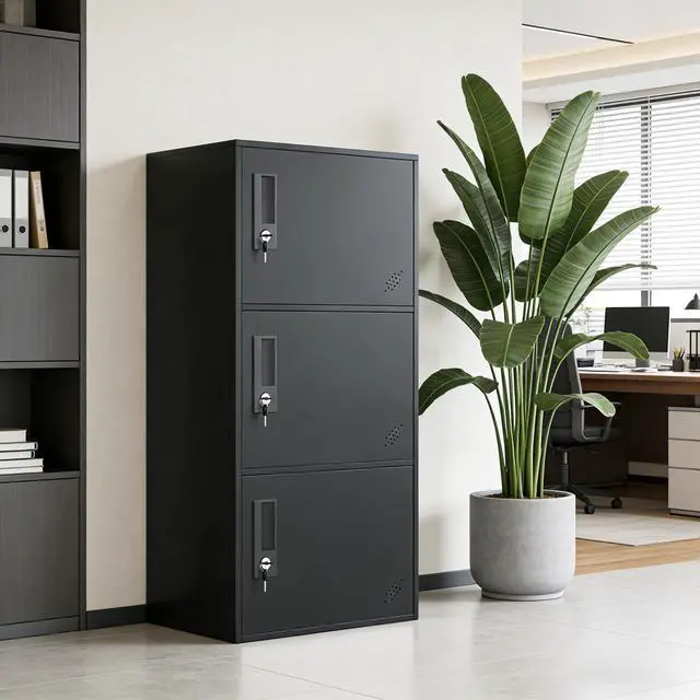 Alt view image 4 of 7 - 3 Door Vertical Stackable Storage Cabinet with Lock,Anti-Failing Device, Metal Lcoker,Organizer for Office, Home, Gym, School,Employee,Kids. (Black)