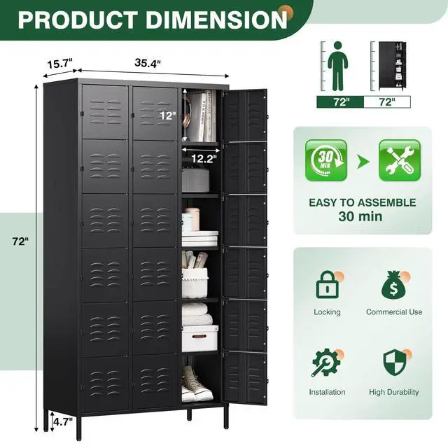Alt view image 3 of 7 - Metal Lockers for Employees-18 Door Storage Locker with Shelves and Lockable Steel Cabinet for School,Gym,Office,Staff (Black, 18 Door)