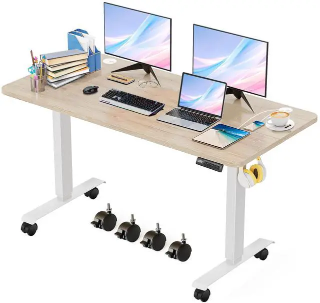 Main image of Electric Standing Adjustable Height Desk,55'' x 24'' Stand up Desk with Double Hooks and Wheels, 27''-45'' Lifting Range Computer Workstations(Oak)