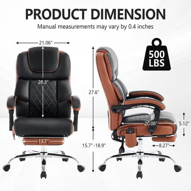 Alt view image 3 of 6 - Massage Office Chair 6 Points 500lbs with Footrest,Reclining Desk Chair with Vibration Heat,Executive Big and Tall Chairs for Heavy People,Adjustable Height Ergonomic Black