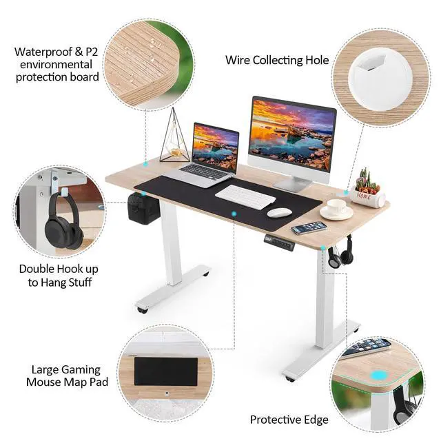 Alt view image 4 of 7 - Electric Standing Adjustable Height Desk,55'' x 24'' Stand up Desk with Double Hooks and Wheels, 27''-45'' Lifting Range Computer Workstations(Oak)