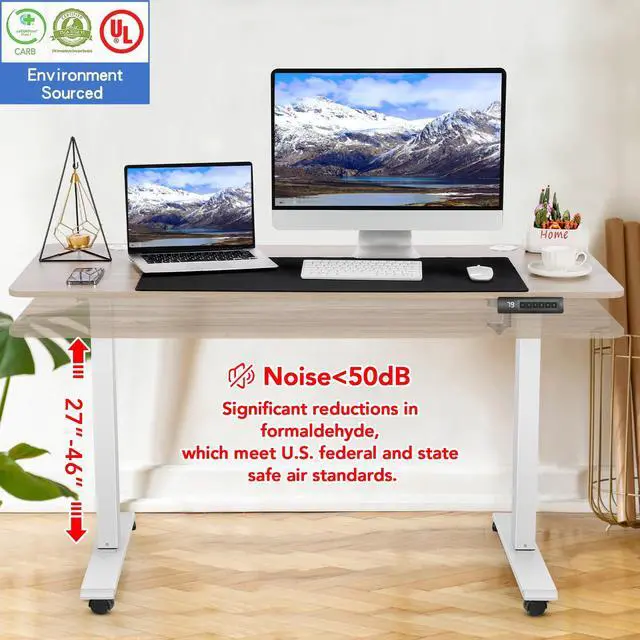 Alt view image 5 of 7 - Electric Standing Adjustable Height Desk,55'' x 24'' Stand up Desk with Double Hooks and Wheels, 27''-45'' Lifting Range Computer Workstations(Oak)