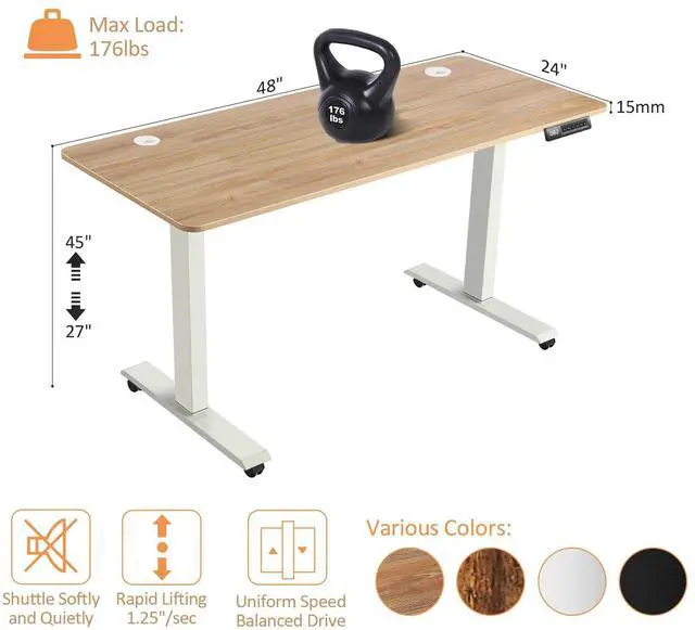 Alt view image 7 of 7 - Electric Standing Adjustable Height Desk,55'' x 24'' Stand up Desk with Double Hooks and Wheels, 27''-45'' Lifting Range Computer Workstations(Oak)