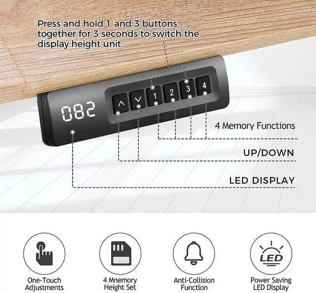 Alt view image 6 of 7 - Electric Standing Adjustable Height Desk,55'' x 24'' Stand up Desk with Double Hooks and Wheels, 27''-45'' Lifting Range Computer Workstations(Oak)