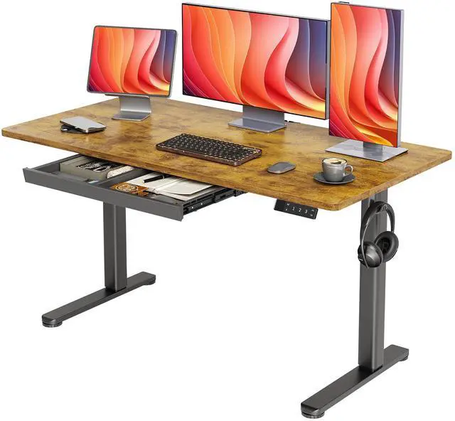 Main image of Electric Standing Desk 55 x 24 Inch with Drawer Rustic Brown | 25.6 x 12.6 inch drawer with 11 lbs capacity, 28.3 to 46.5 inch height range, 176 lbs steel frame,45dB motor