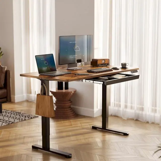 Alt view image 2 of 6 - Electric Standing Desk 55 x 24 Inch with Drawer Rustic Brown | 25.6 x 12.6 inch drawer with 11 lbs capacity, 28.3 to 46.5 inch height range, 176 lbs steel frame,45dB motor