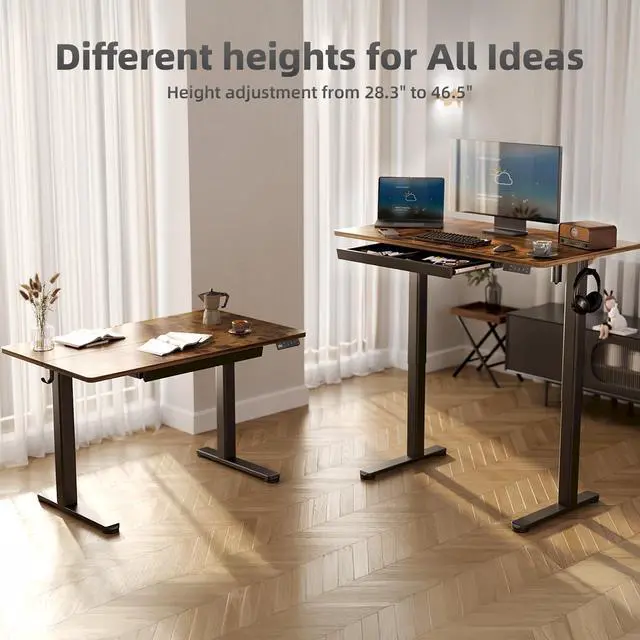 Alt view image 4 of 6 - Electric Standing Desk 55 x 24 Inch with Drawer Rustic Brown | 25.6 x 12.6 inch drawer with 11 lbs capacity, 28.3 to 46.5 inch height range, 176 lbs steel frame,45dB motor