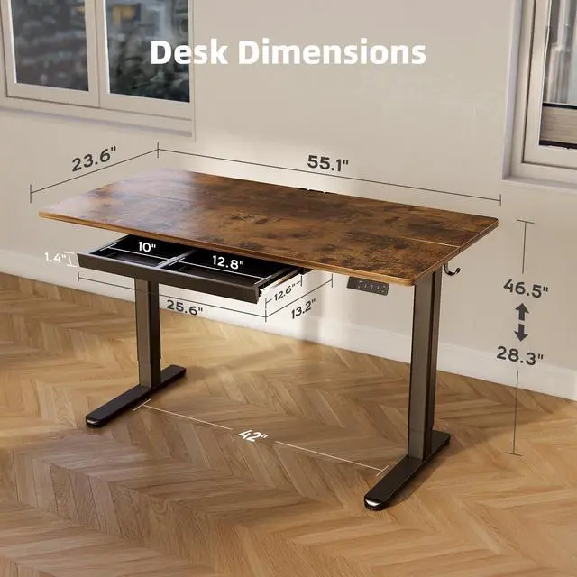 Alt view image 3 of 6 - Electric Standing Desk 55 x 24 Inch with Drawer Rustic Brown | 25.6 x 12.6 inch drawer with 11 lbs capacity, 28.3 to 46.5 inch height range, 176 lbs steel frame,45dB motor