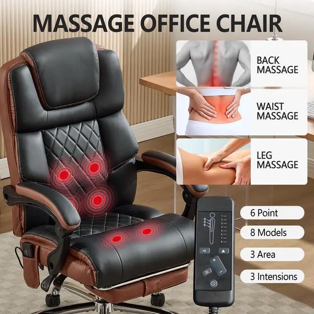 Alt view image 5 of 6 - Massage Office Chair 6 Points 500lbs with Footrest,Reclining Desk Chair with Vibration Heat,Executive Big and Tall Chairs for Heavy People,Adjustable Height Ergonomic Black