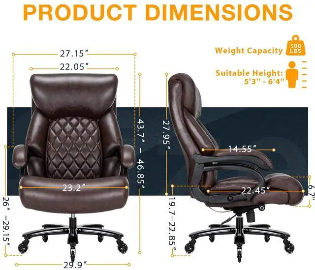 Alt view image 2 of 7 - Big and Tall Office Chair for Heavy People, 500LBS High Back Extra Wide Heavy Duty Executive Office Chair Comfortable for Home Office, Large Computer Desk Chair with Adjustable Lumbar Support Brown