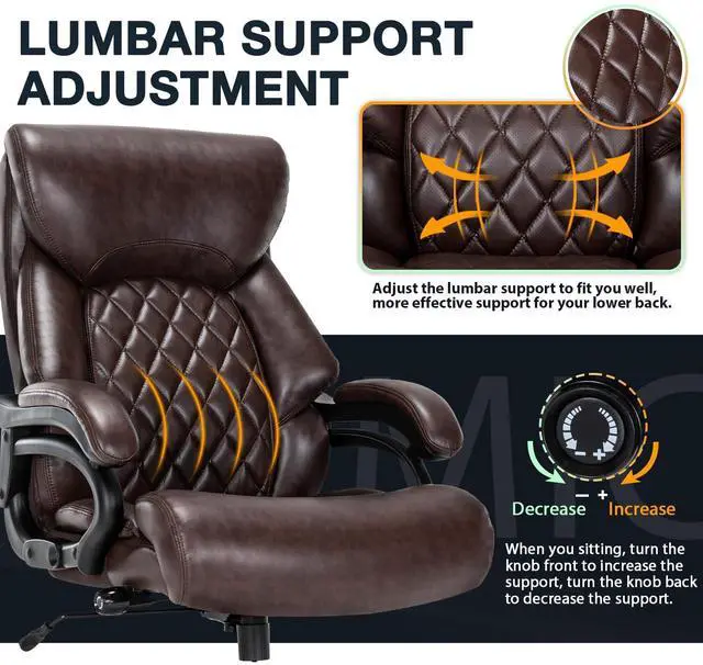 Alt view image 4 of 7 - Big and Tall Office Chair for Heavy People, 500LBS High Back Extra Wide Heavy Duty Executive Office Chair Comfortable for Home Office, Large Computer Desk Chair with Adjustable Lumbar Support Brown
