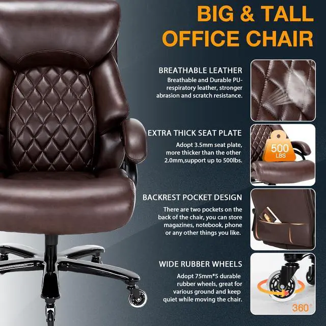 Alt view image 5 of 7 - Big and Tall Office Chair for Heavy People, 500LBS High Back Extra Wide Heavy Duty Executive Office Chair Comfortable for Home Office, Large Computer Desk Chair with Adjustable Lumbar Support Brown
