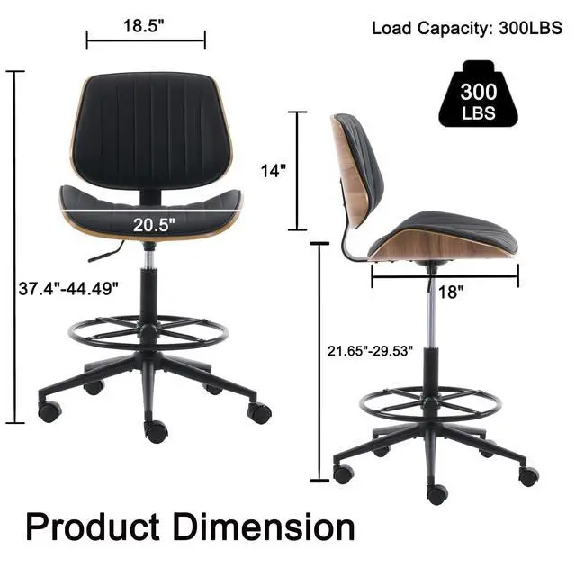 Alt view image 3 of 7 - Drafting Chair for Standing Desk, Armless Tall Office Chair with Bentwood Backrest, Adjustable Height, Footrest Ring and Swivel Seat, PU Leather (Black)