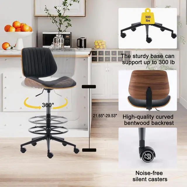 Alt view image 4 of 7 - Drafting Chair for Standing Desk, Armless Tall Office Chair with Bentwood Backrest, Adjustable Height, Footrest Ring and Swivel Seat, PU Leather (Black)