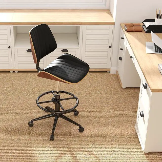Alt view image 6 of 7 - Drafting Chair for Standing Desk, Armless Tall Office Chair with Bentwood Backrest, Adjustable Height, Footrest Ring and Swivel Seat, PU Leather (Black)
