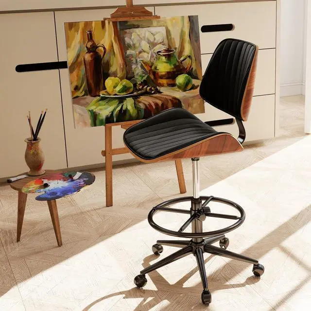 Alt view image 2 of 7 - Drafting Chair for Standing Desk, Armless Tall Office Chair with Bentwood Backrest, Adjustable Height, Footrest Ring and Swivel Seat, PU Leather (Black)