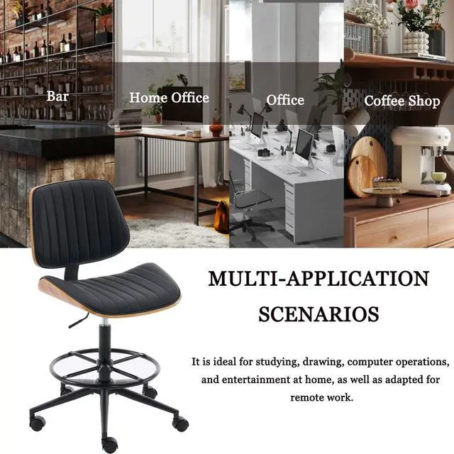 Alt view image 7 of 7 - Drafting Chair for Standing Desk, Armless Tall Office Chair with Bentwood Backrest, Adjustable Height, Footrest Ring and Swivel Seat, PU Leather (Black)