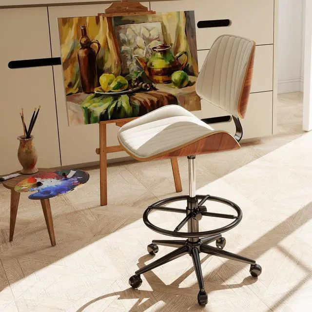 Alt view image 2 of 7 - Drafting Chair for Standing Desk, Armless Tall Office Chair with Bentwood Backrest, Adjustable Height, Footrest Ring and Swivel Seat, PU Leather (Ivory)